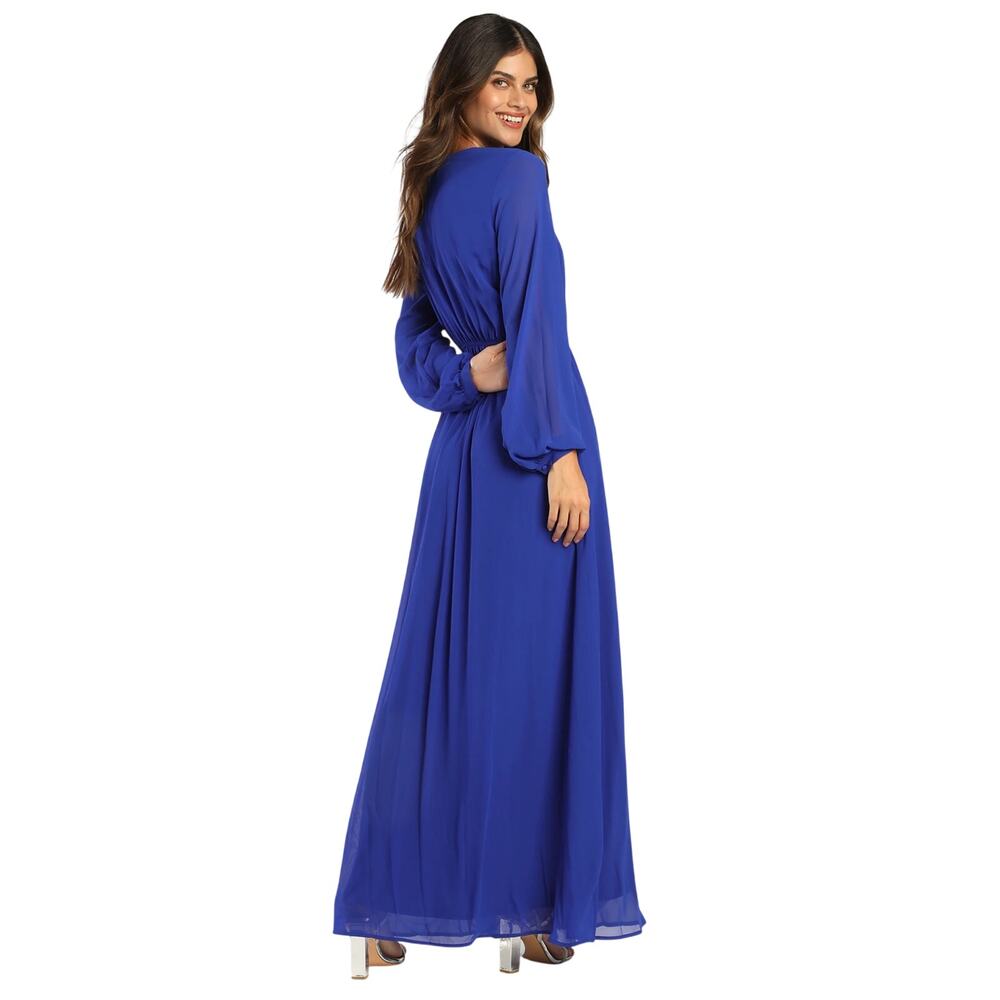 Lulus Wondrous Water Lilies Royal Blue Maxi Dress M Faux Wrap Slit Cobalt Event - Picture 11 of 16